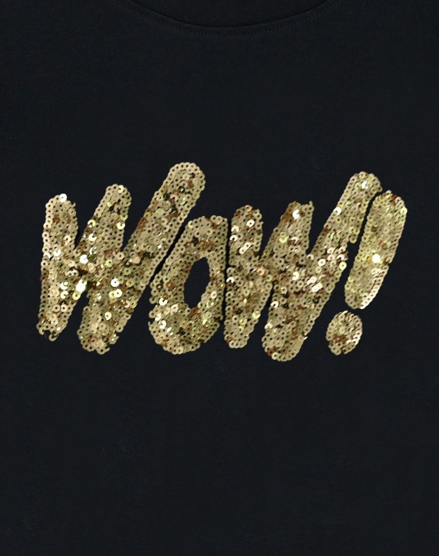 Μπλούζα βαμβακερή μονόχρωμη με print 'wow' με πούλιες μαύρο
