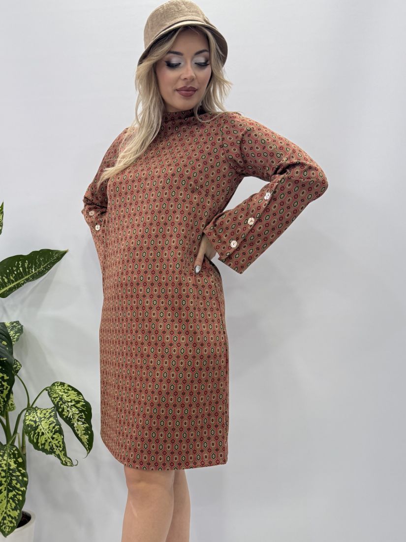 Φόρεμα punto εμπριμέ με καμπάνα μανίκι και χρυσά κουμπιά πορτοκαλί