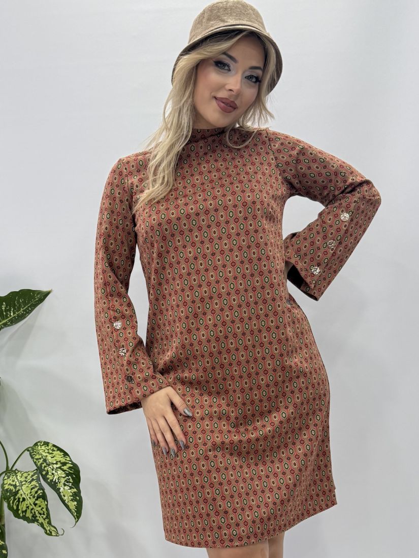 Φόρεμα punto εμπριμέ με καμπάνα μανίκι και χρυσά κουμπιά πορτοκαλί