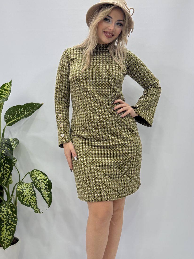 Φόρεμα punto εμπριμέ με καμπάνα μανίκι και χρυσά κουμπιά χακί