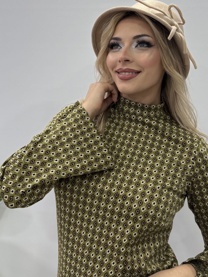 Φόρεμα punto εμπριμέ με καμπάνα μανίκι και χρυσά κουμπιά χακί