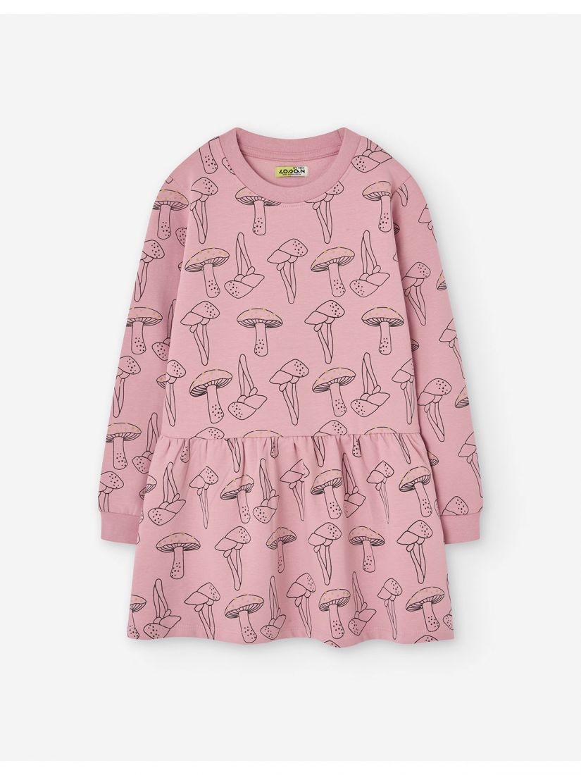 Φόρεμα μονόχρωμο με βολάν και print mushrooms ροζ
