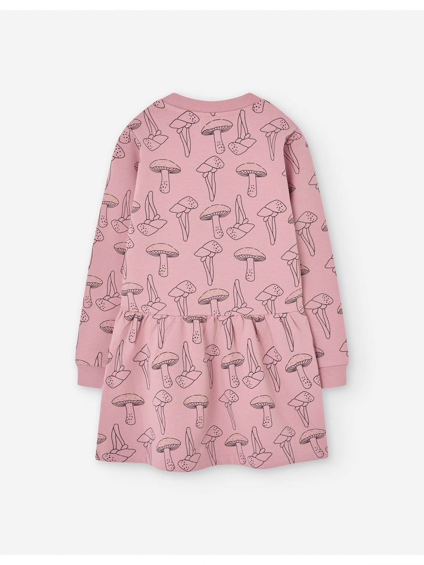 Φόρεμα μονόχρωμο με βολάν και print mushrooms ροζ