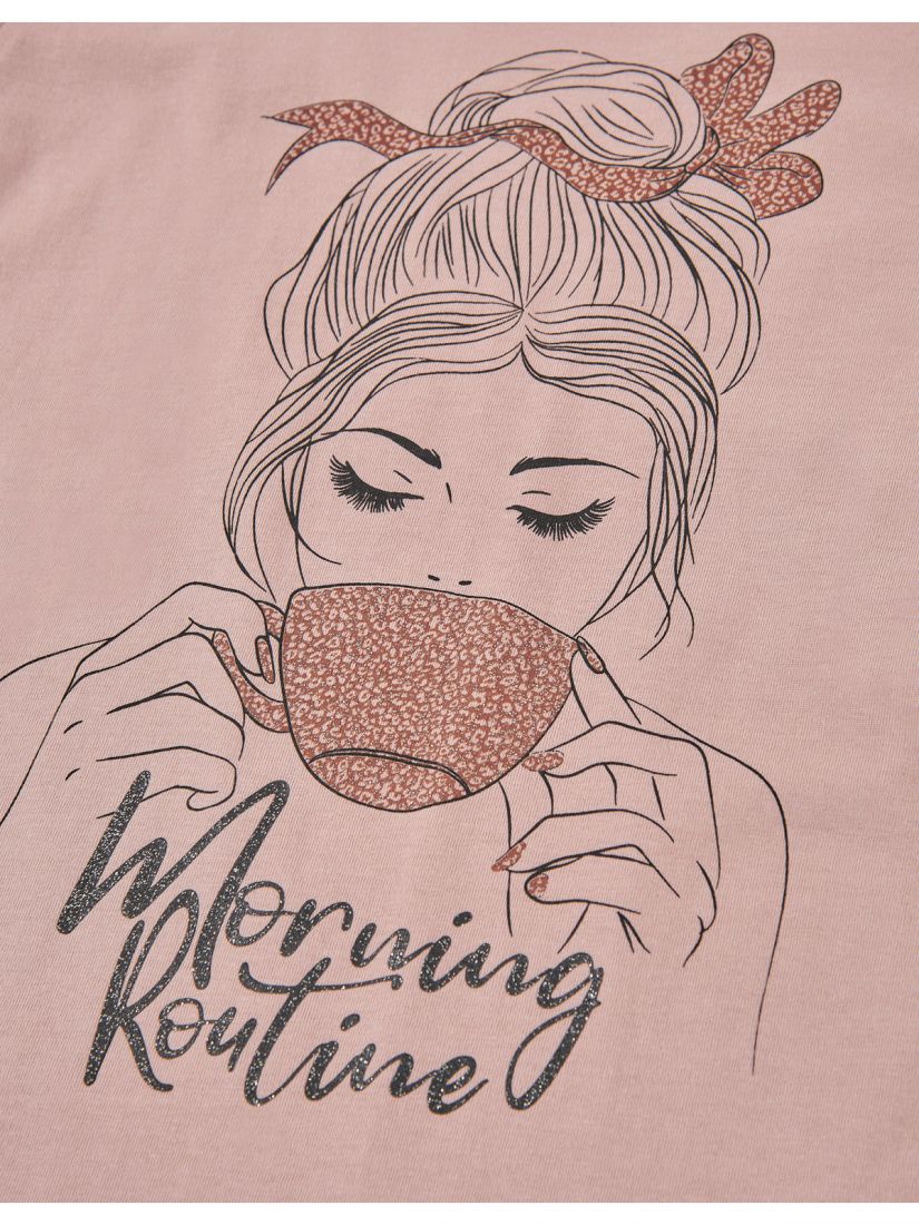 Mπλούζα μακρυμάνικη με print 'Morning routine' ροζ