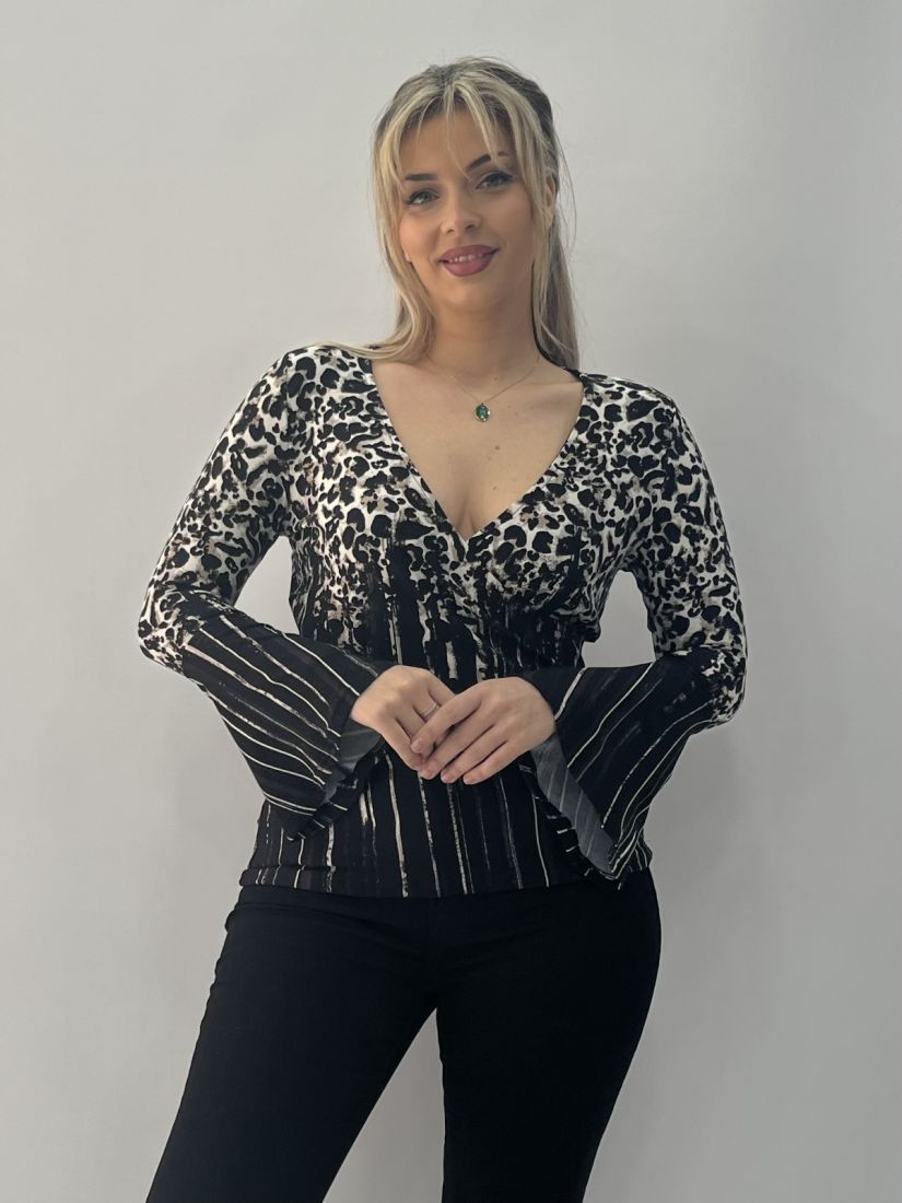 Μπλούζα κρουαζέ ελαστκή Animal print μαύρο