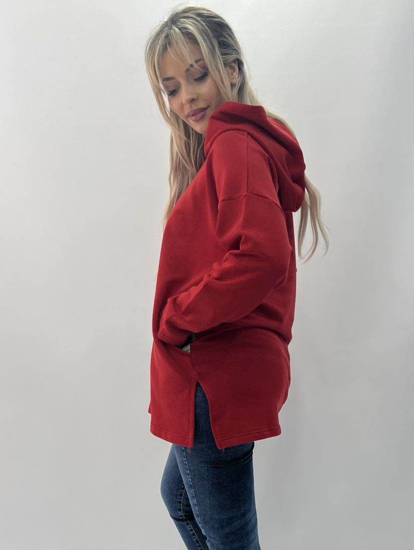 Μπλουζοφόρεμα φούτερ με κουκούλα και καρό λεπτομέρειες κόκκινο