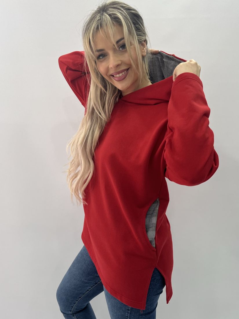 Μπλουζοφόρεμα φούτερ με κουκούλα και καρό λεπτομέρειες κόκκινο