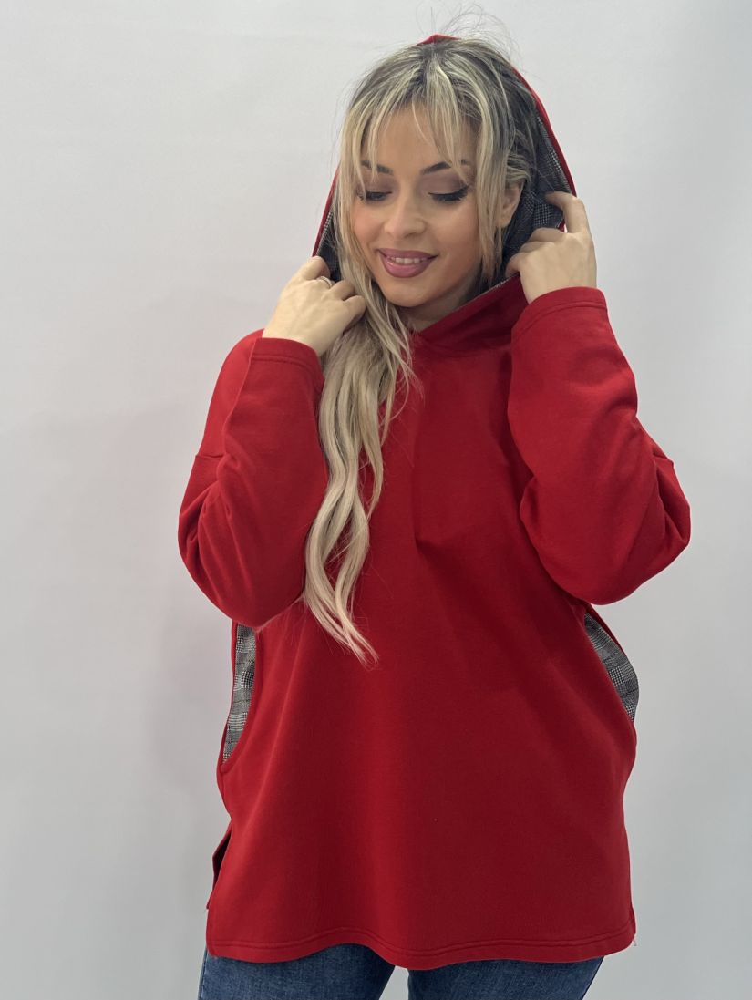 Μπλουζοφόρεμα φούτερ με κουκούλα και καρό λεπτομέρειες κόκκινο
