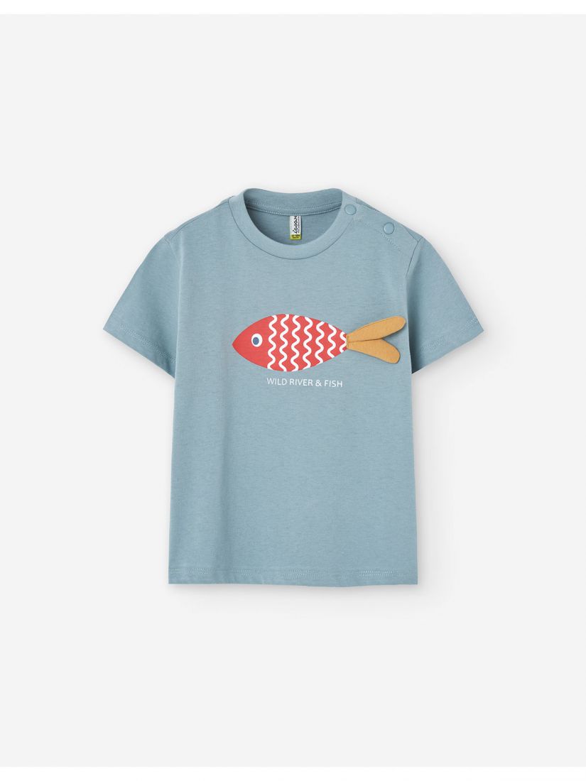Mπλούζα κοντομάνικη με print 'wild river and fish' με 3D ουρά πετρόλ