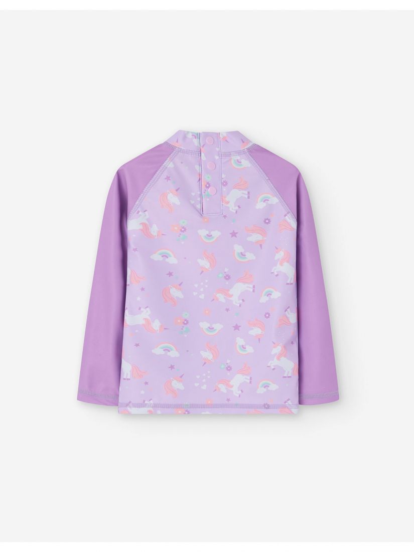 Αντηλιακή μπλούζα μαγιό με SPF 40+ με print μονόκερους και ουράνια τόξα λιλά