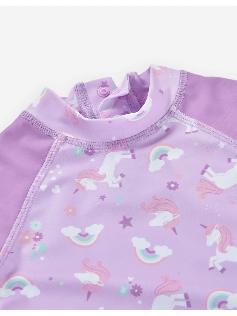 Αντηλιακή μπλούζα μαγιό με SPF 40+ με print μονόκερους και ουράνια τόξα λιλά