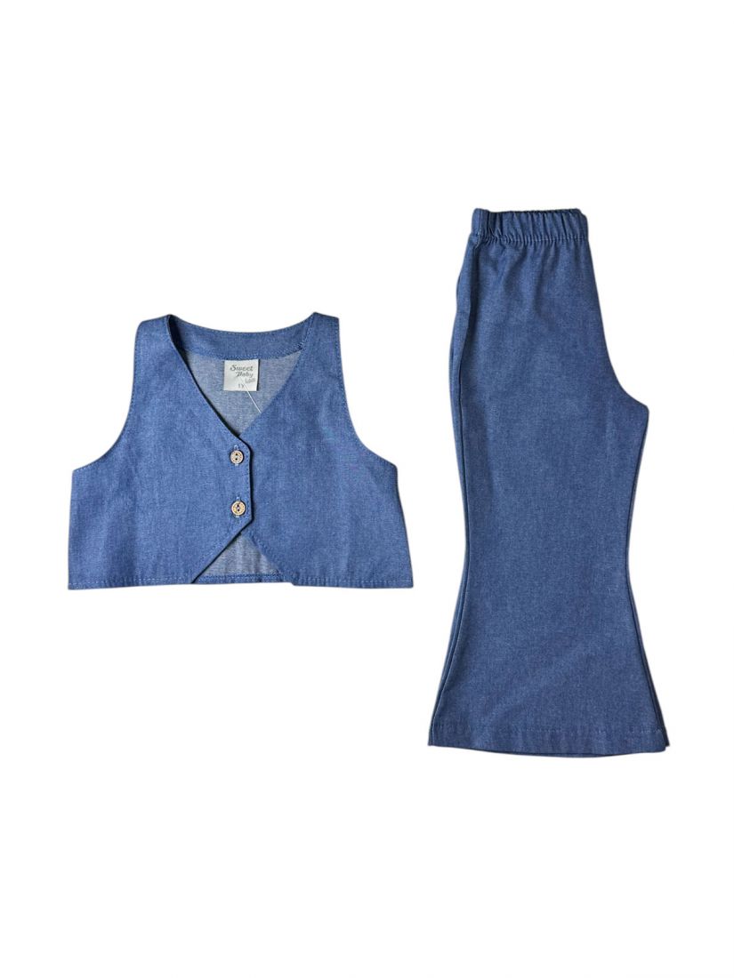 Σετ τζιν γιλέκο και παντελόνι καμπάνα με λάστιχο ελληνικής ραφής κορίτσι μεγάλο μπλε