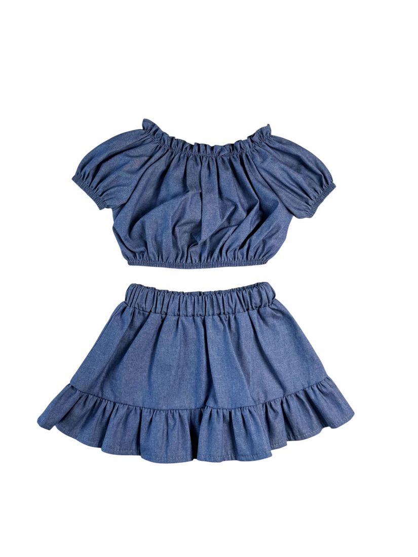 Σετ τζιν κροπ τοπ και φούστα με βολάν ελληνικής ραφής μπλε