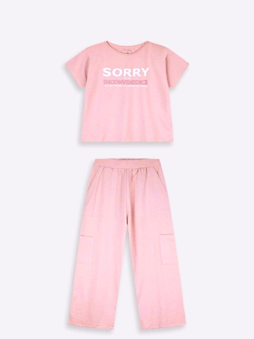 Σετ κοντομάνικη μπλούζα με Cargo παντελόνι ροζ