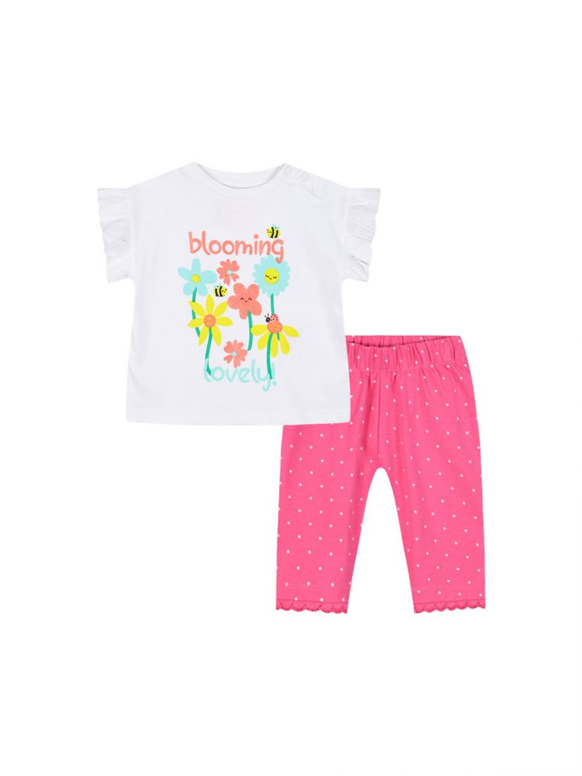 Σετ κοντομάνικη μπλούζα με κολάν πουά και print 'blooming lovely'  φούξια