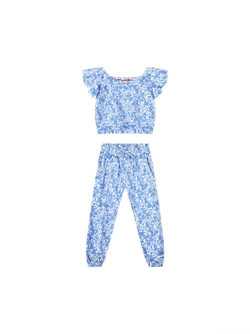 Σετ τύπου κρεπ φλοράλ με κροπ τοπ και παντελόνι μπλε