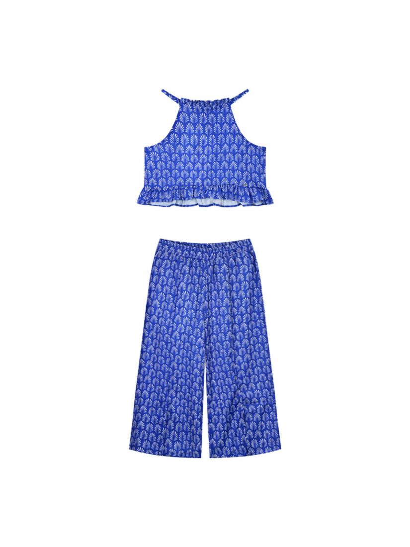 Σετ εμπριμέ κροπ τοπ με βολάν και παντελόνα με ανοίγματα μπλε