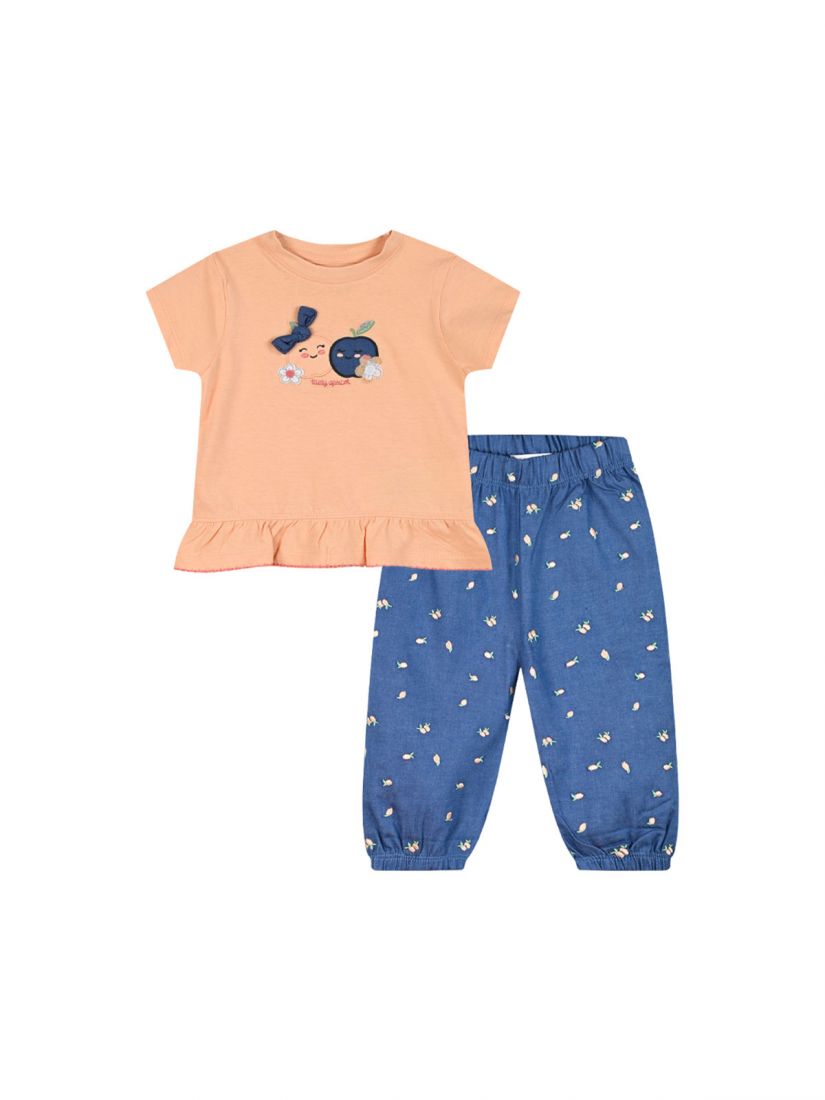 Σετ κοντομάνικη μπλούζα με κάπρι τύπου τζιν με print φρουτάκια πορτοκαλί