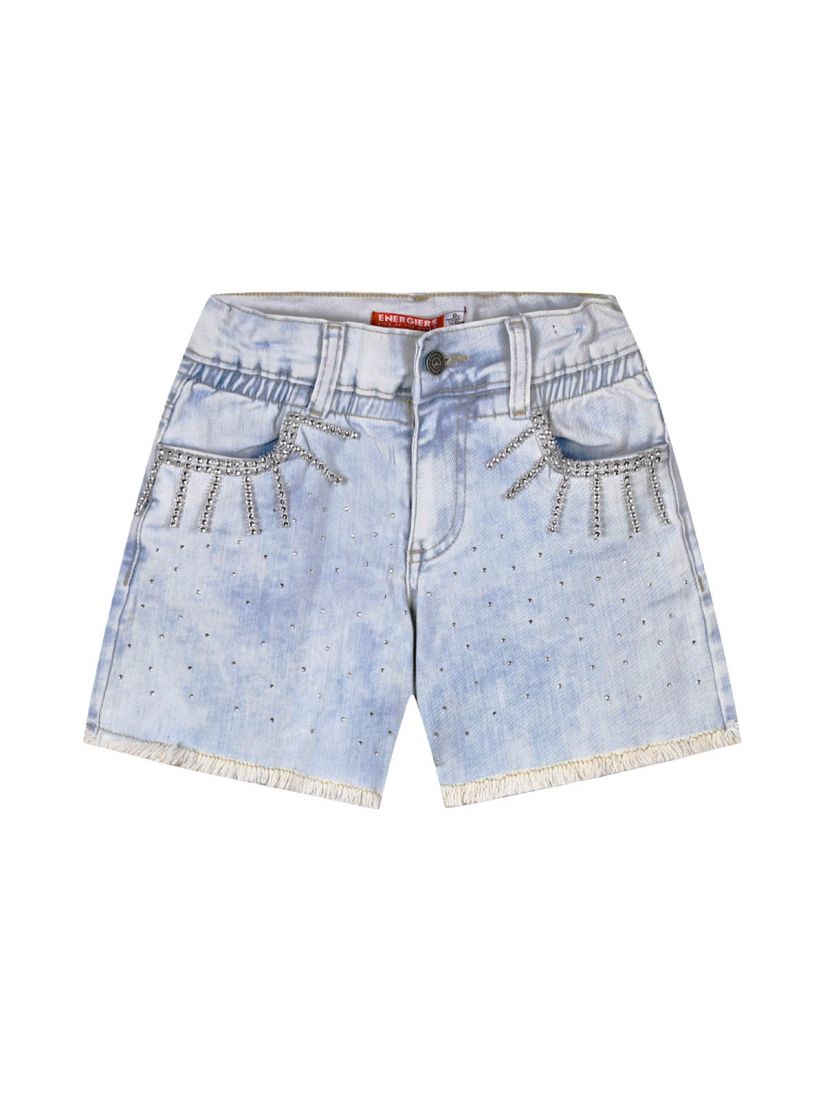 Βερμούδα τζιν με γκλίτερ και ξέφτια στο τελείωμα μπλε