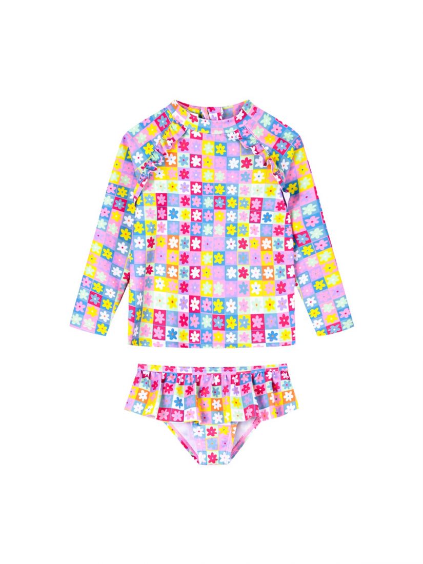 Σετ αντιλιακή μπλούζα με SPF 40+ και βρακάκι μαγιό με βολάν και print μαργαρίτες φούξια