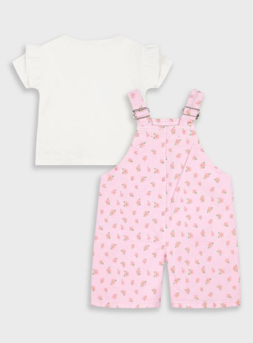 Σετ σαλοπέτα με λουλουδάκια και μπλούζα με βολάν ροζ