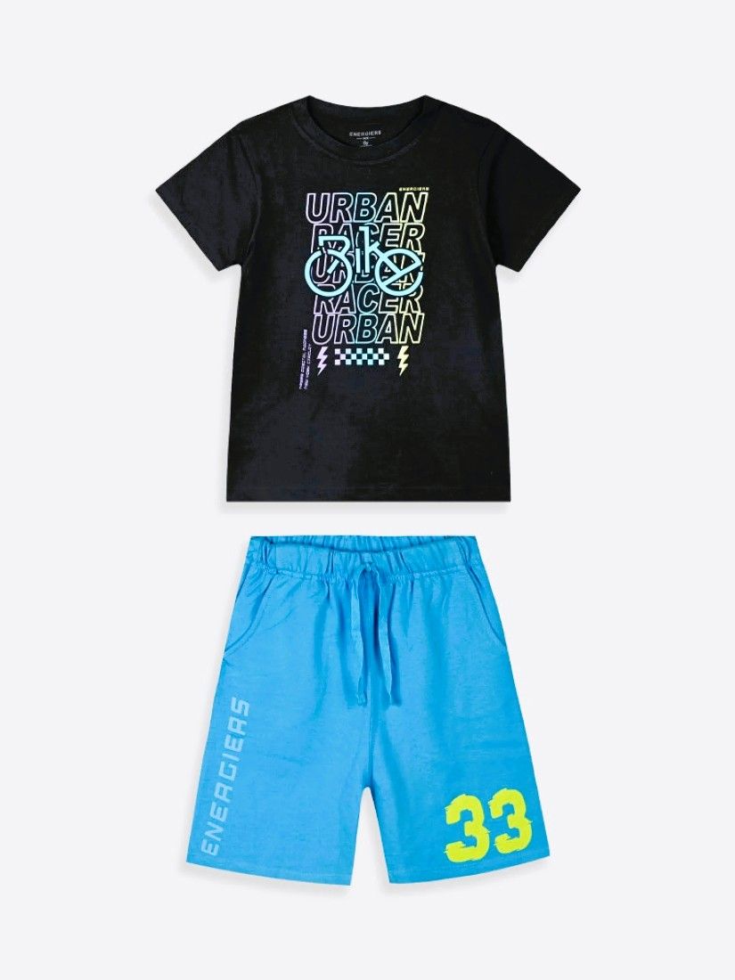 Σετ κοντομάνικη μπλούζα και βερμούδα με print urban racer τυρκουάζ