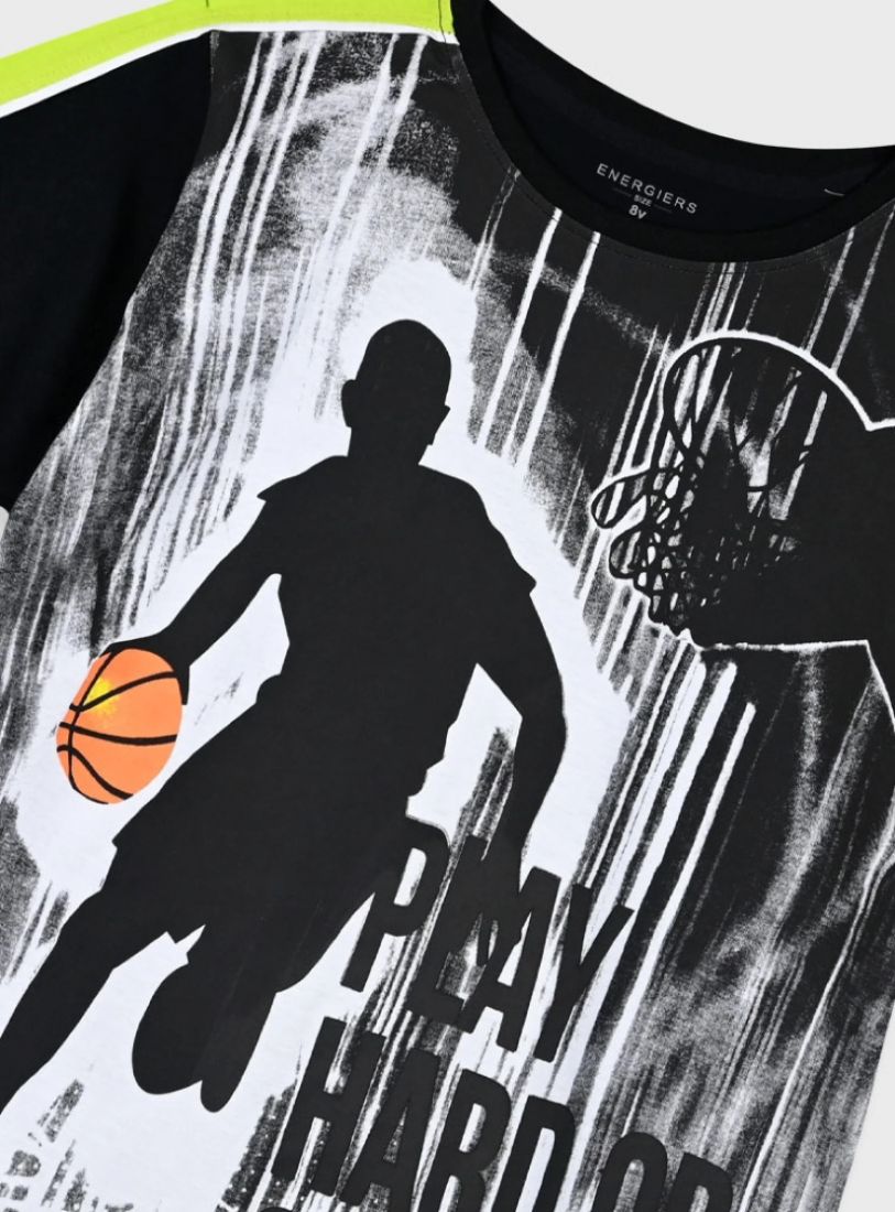 Σετ κοντομάνικη μπλούζα και βερμούδα με print 'play hard or go home' μαύρο
