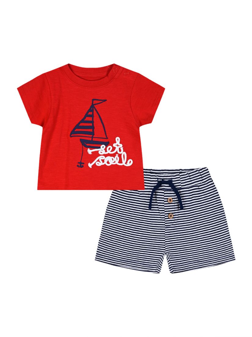 Σετ κοντομάνικη μπλούζα με κέντημα και ριγέ σορτς κόκκινο