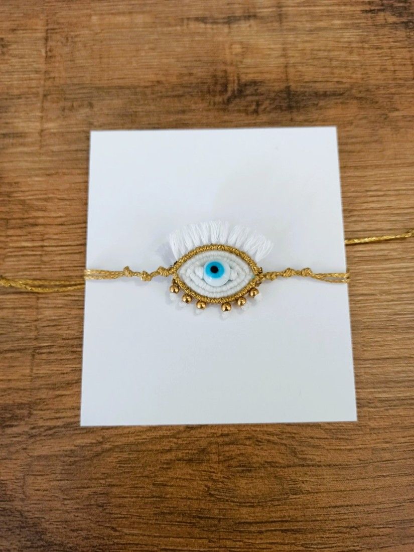 Βραχιόλι χειροποίητο μάτι με χρυσές λεπτομέρειες λευκό