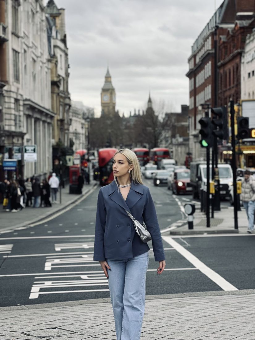 Τζάκετ ποντοστόφα σταυρωτό με τσέπες μπλε