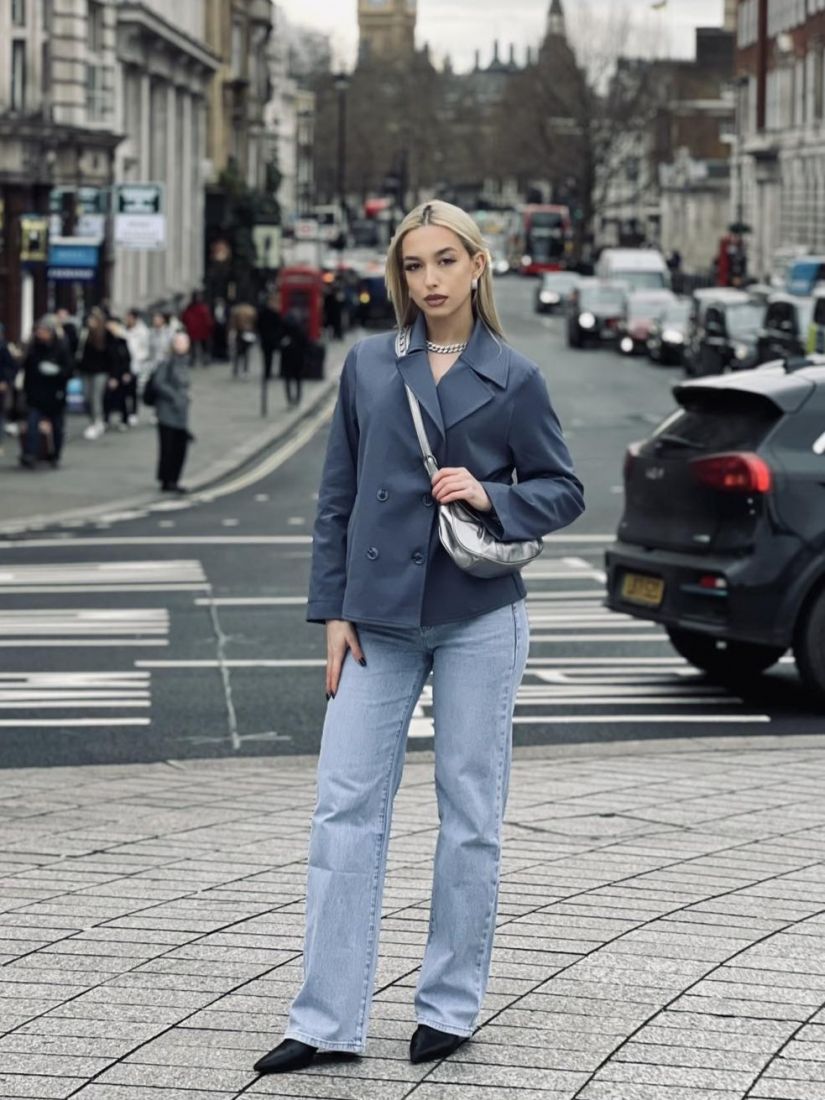 Τζάκετ ποντοστόφα σταυρωτό με τσέπες μπλε