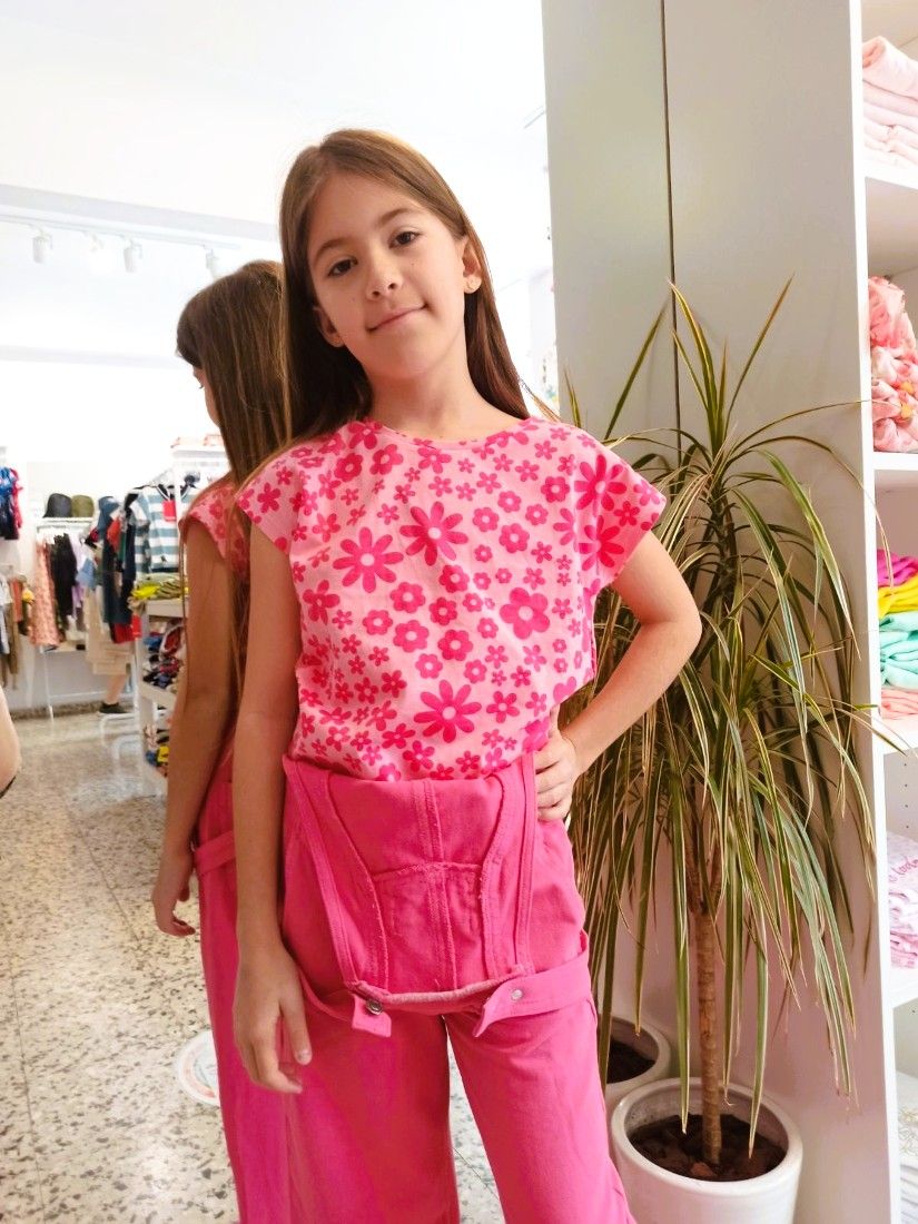 Κροπ τοπ φλοράλ κοντομάνικο  φούξια