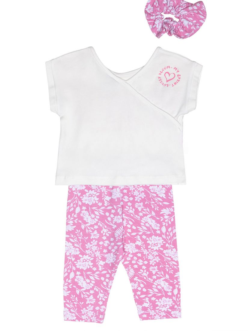 Σετ τοπ με print Happy με λουλούδια και φλοράλ κάπρι κολάν και δώρο Scrunchy ροζ