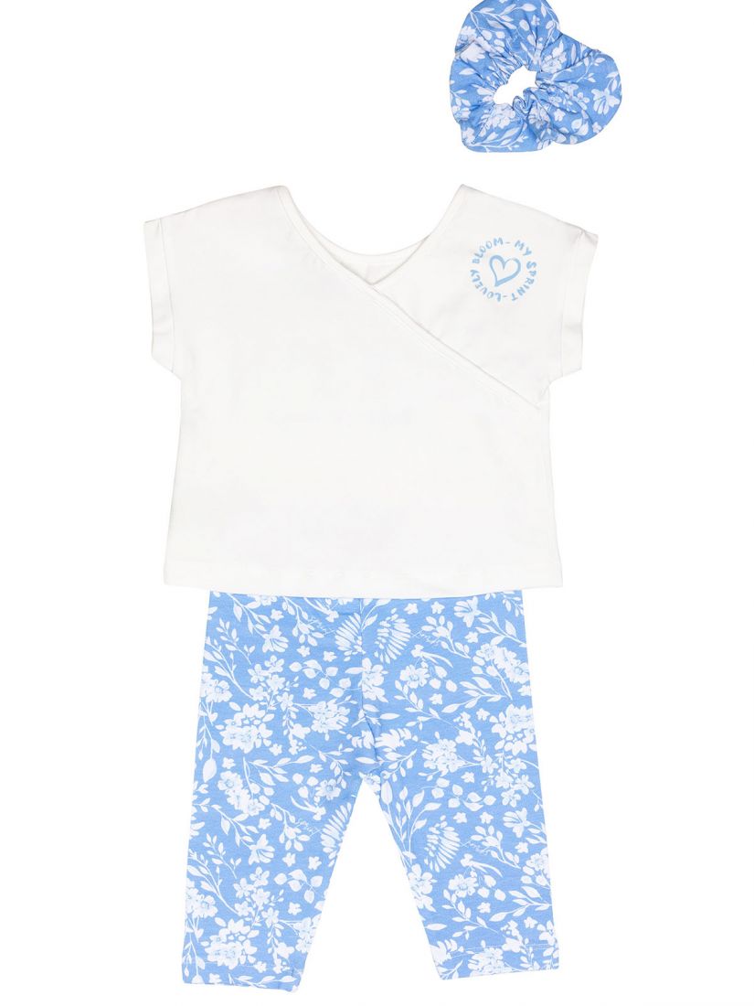 Σετ τοπ με print Happy με λουλούδια και φλοράλ κάπρι κολάν και δώρο Scrunchy γαλάζιο