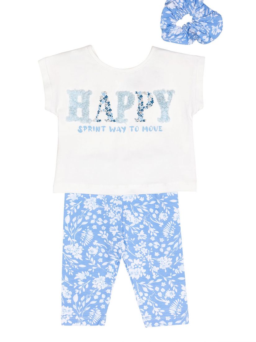 Σετ τοπ με print Happy με λουλούδια και φλοράλ κάπρι κολάν και δώρο Scrunchy γαλάζιο