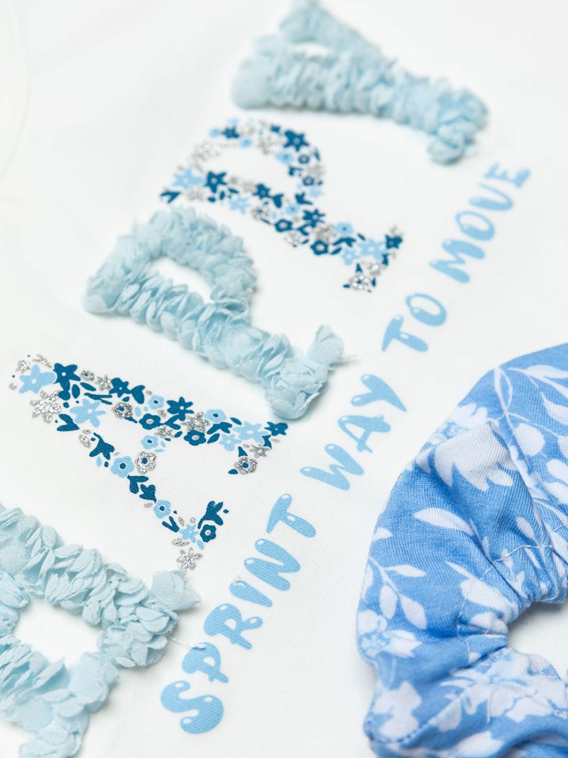 Σετ τοπ με print Happy με λουλούδια και φλοράλ κάπρι κολάν και δώρο Scrunchy γαλάζιο