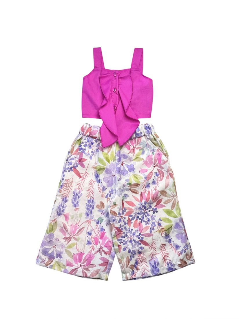 Σετ κροπ τοπ και φλοράλ παντελόνα με λάστιχο ελληνικής ραφής κορίτσι μεγάλο ματζέντα