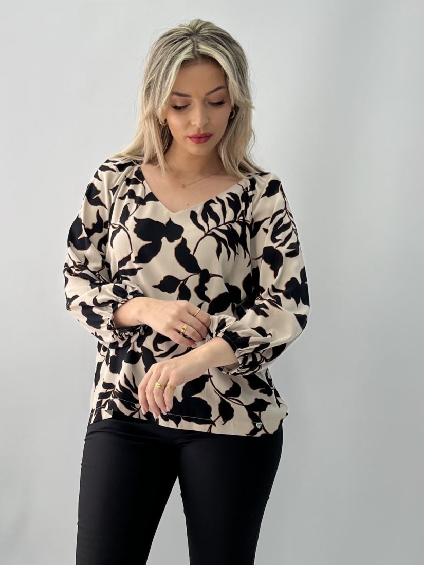 Μπλούζα εμπριμέ με V και λάστιχο στα μανίκια μαύρο