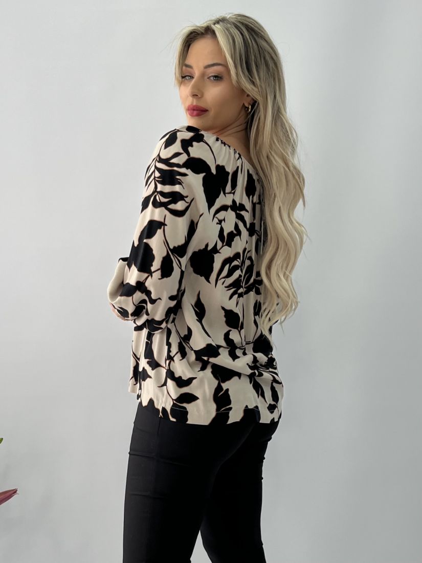 Μπλούζα εμπριμέ με V και λάστιχο στα μανίκια μαύρο