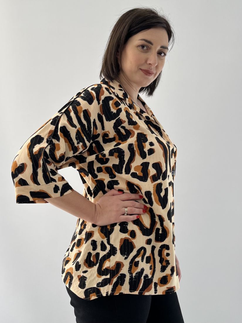 Πουκαμίσα φαρδιά animal print με χρυσοκλωστή καφέ