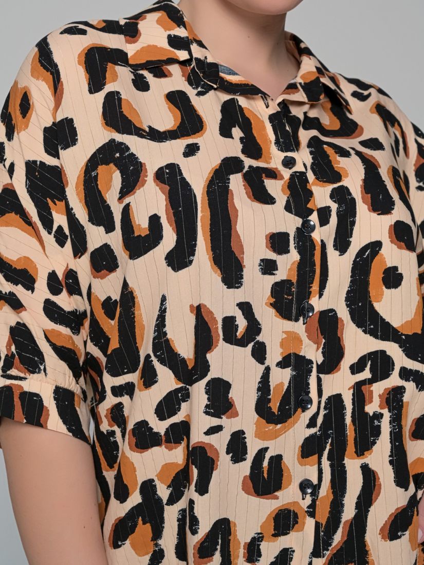 Πουκαμίσα φαρδιά animal print με χρυσοκλωστή καφέ