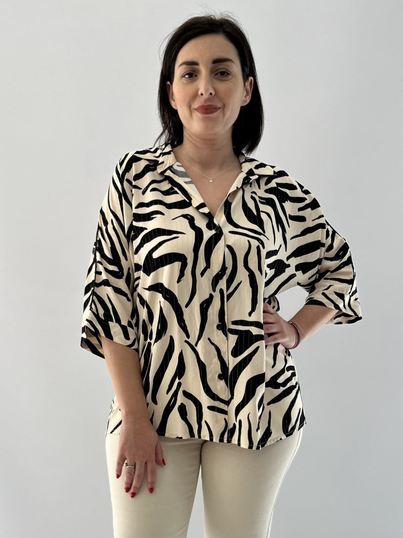 Πουκαμίσα φαρδιά animal print με χρυσοκλωστή εκρού
