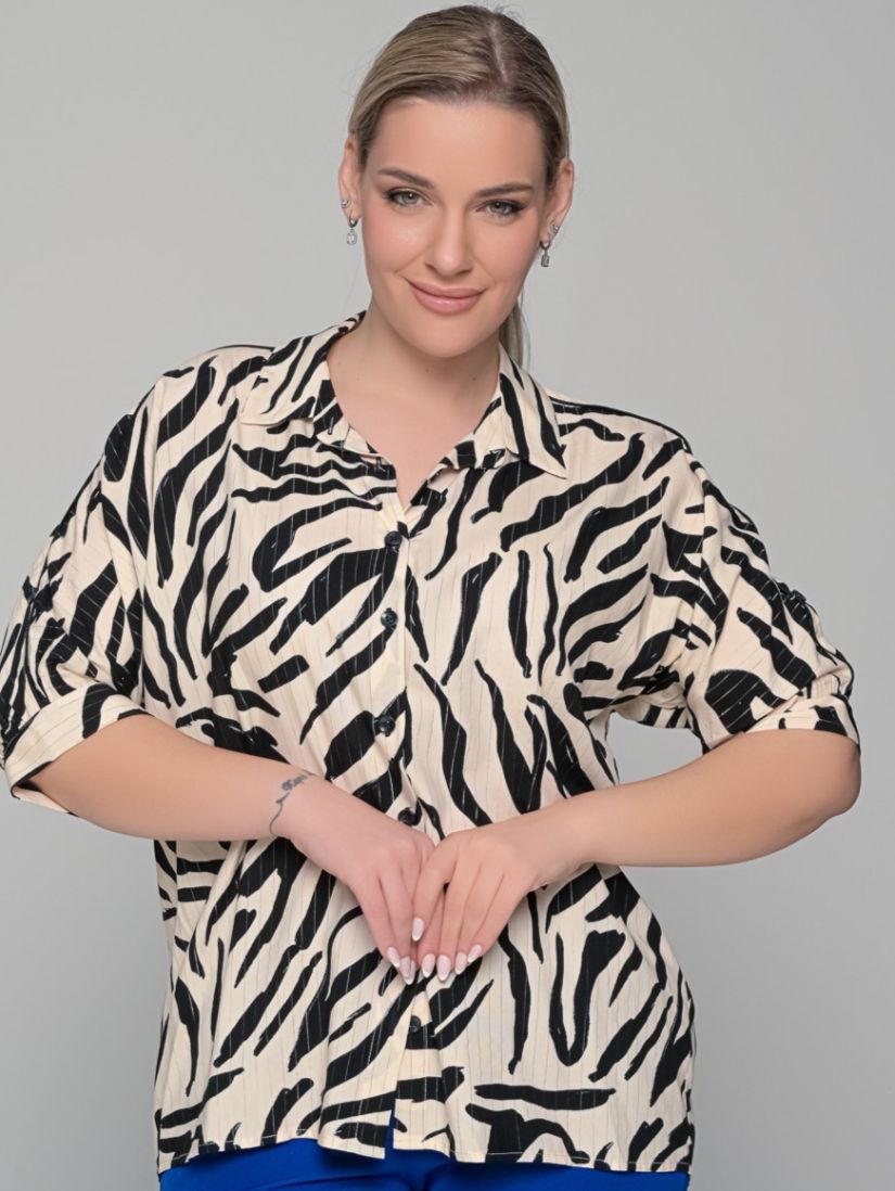 Πουκαμίσα φαρδιά animal print με χρυσοκλωστή εκρού