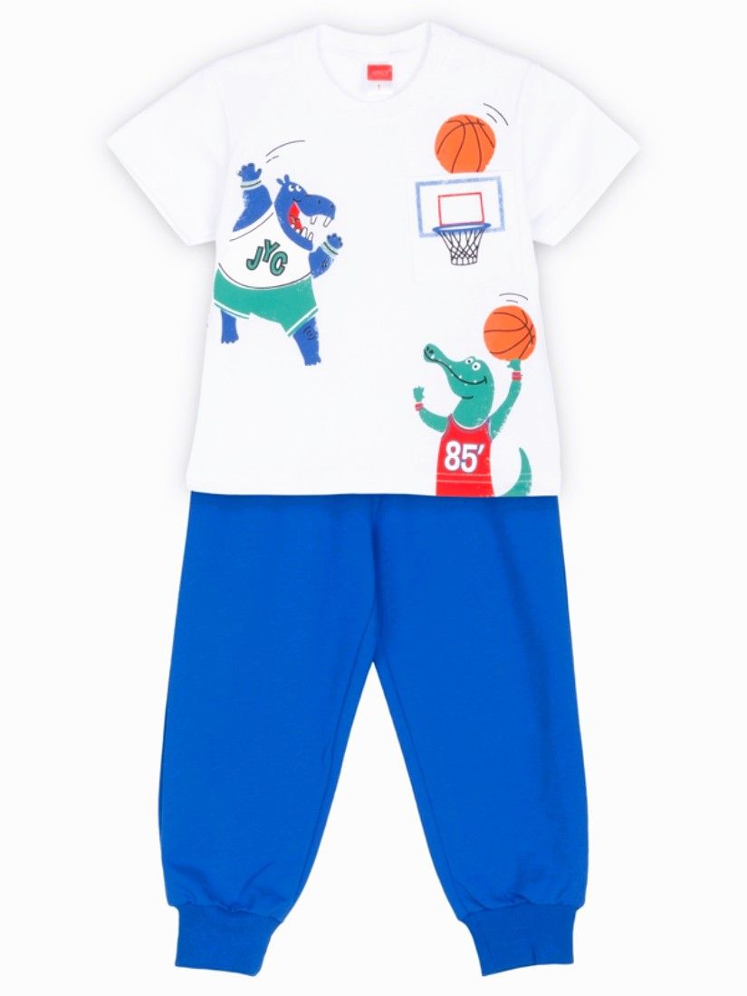 Σετ εποχιακό κοντομάνικη μπλούζα με τσέπη και μονόχρωμο παντελόνι μπλε ρουά