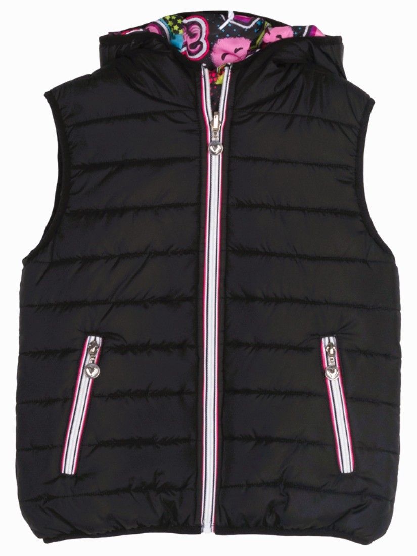 Γιλέκο δύο όψεων μονόχρωμο και print graffiti με κουκούλα κορίτσι μεγάλο  μαύρο