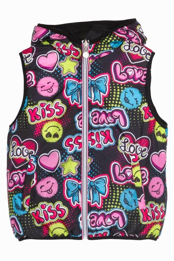 Γιλέκο δύο όψεων μονόχρωμο και print graffiti με κουκούλα κορίτσι μεγάλο  μαύρο