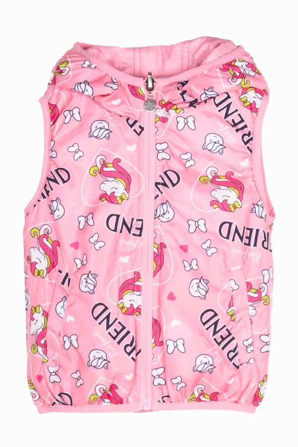 Γιλέκο δύο όψεων μονόχρωμο και print μονόκεροι με κουκούλα  ροζ