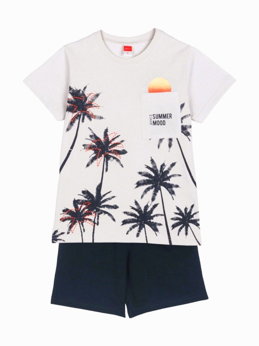 Σετ μπλούζα με τσέπη και summer print και μονόχρωμη βερμούδα μπλε