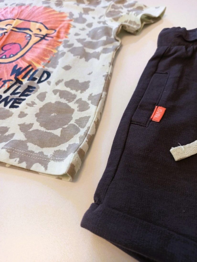 Βρεφικό βαμβακερό σετ μπλούζα κοντομάνικη λιοντάρι και βερμούδα με τσέπες πορτοκαλί