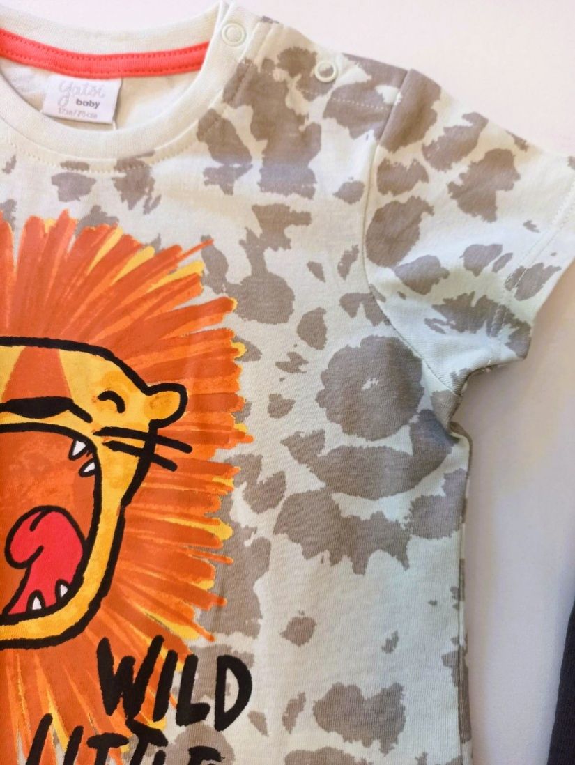 Βρεφικό βαμβακερό σετ μπλούζα κοντομάνικη λιοντάρι και βερμούδα με τσέπες πορτοκαλί